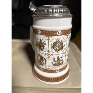 VTG BMF Zodiac Beer Stein/Pewter Made West Germany, AQUARIUS On Lid, Milk glass